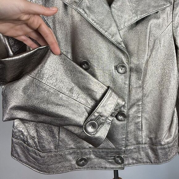 Vintage 80s 90s Spiegel Metallic Silver Cropped Double Breasted Leather Jacket - Picture 6 of 13
